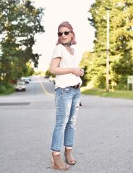 Best before: distressed cropped flares, slouchy v-neck tee, bandana, and open-toe boots