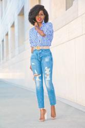 Oversized Striped Button Up + High Waist Distressed Jeans