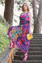 Bright coloured maxi dress and metallic heels (Fashion Blogger style)