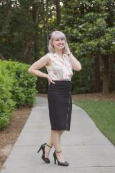Work Outfit: Flamingo Print Bow Neck Top and Black Zipper Detail Pencil Skirt