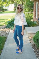 White Crochet Top + Blue Wedges.