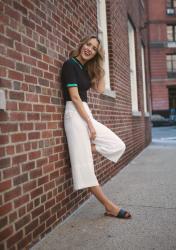 Knit Polo and White Culottes