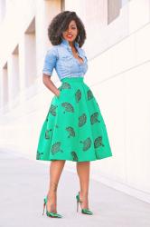 Fitted Denim Shirt + Full Pleated Midi Skirt