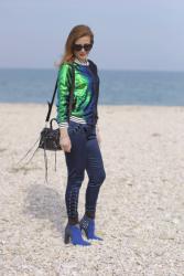 Sequins bomber jacket and lace-up pants