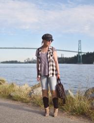 City-zen:  Layered striped and plaid tops with skinny jeans, over-the-knee boots, and a baker boy cap