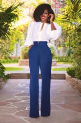 Eyelet Bishop Sleeve Blouse + High Waist Wide Leg Pants