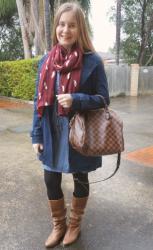 Navy and Burgundy: Dresses In Winter With Tights and Boots