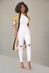 Printed Kimono + Asymmetric Tank + Ripped Jeans