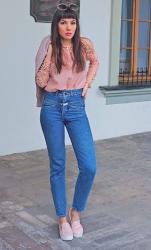 pastel pink and mom jeans
