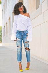 Oversize Off Shoulder Shirt + Boyfriend Jeans