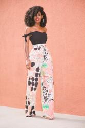 DIY Tie Sleeves Suit + Print Belted High Waist Pants