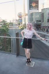 Outfit: Black Denim Zip Up Skirt with Quirky Pink T-shirt