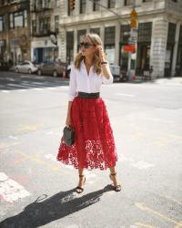 Red Midi Skirt + Classic White Button Down