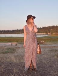 Sundowner:  styling a striped maxi-length wrap dress with a felt fedora and boho accessories