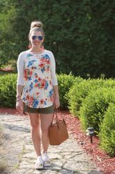 Floral Baseball Tee and Olive Shorts 