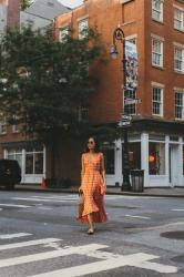 Gingham Wrap Dress and Metallic Sandals