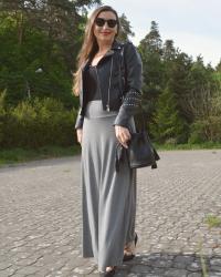 gray and black-maxi skirt