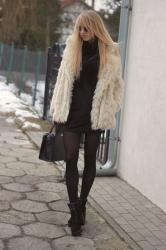 Fur coat and velvet dress