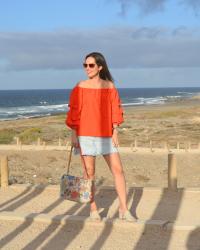 RED OFF SHOULDER BLOUSE OUTFIT