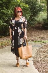 Floral Kimono & Black Midi Dress