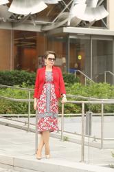 red on red | vibrant floral knit dress for work