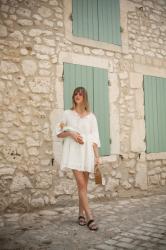 Outfit: white eyelet dress and bamboo bag