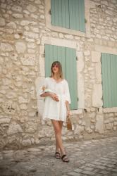 Outfit: white eyelet dress and bamboo bag