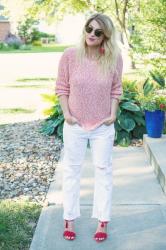 Free People Sweater + White Boyfriend Denim.