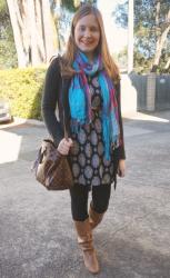 Shift Dresses In Winter With Boots, Scarves and Cross Body Bags