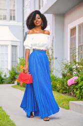 Off Shoulder Blouse + Pleated Maxi Skirt