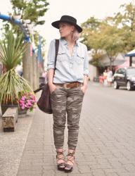 Market day:  camouflage pants, chambray shirt, lace-up sandals, and a bowler hat
