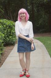 Outfit: Ruffled Blouse, Denim A-Line Skirt, and Red Pom Pom Flats