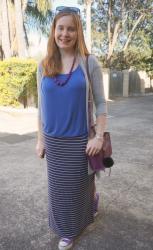 Plain Tops and Printed Maxi Skirts: Monochromatic Outfits with Purple Accessories