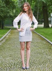 White blouse - Bonprix (premium collection)  with classic skirt decorated with lace. Feminine look on everyday ...