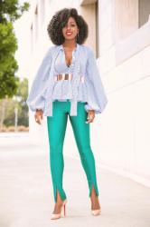 Gingham Neck Tie Blouse + Front Slit Pants