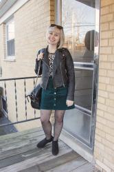 Outfit: Green Corduroy Skirt, Leopard Top, and Heart Tights