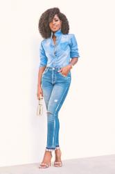 Chambray Shirt + Ankle Length Distressed Jeans