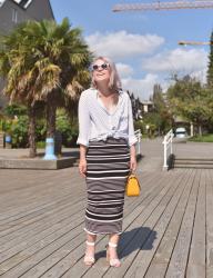 Boardwalking: styling a striped pencil skirt with a white patterned blouse, white sunnies, and white ankle-strap sandals