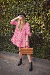 Outfit: gingham babydoll, fiddler cap and bamboo bag