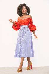 Off Shoulder Blouse + Gingham Belted Midi Skirt