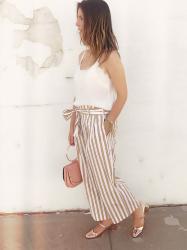 Thomas Mason for J.Crew Striped Cotton Pant with Zara Mirror Block Heels