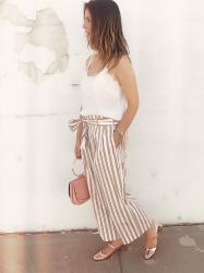 Thomas Mason for J.Crew Striped Cotton Pant with Zara Mirror Block Heels 