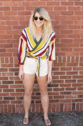 Fall Striped Wrap Blouse + White Cutoffs.