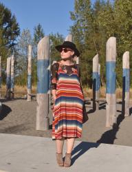 Fashion Foresight:  a black floral top with a red striped trapeze dress, open-toe wedges, and a fedora