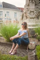 Outfit: denim culottes and pink glitter sandals