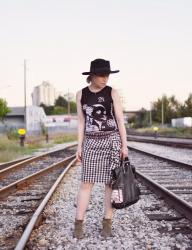 Shopping Science:  styling a graphic tank with a gingham skirt, ankle boots, and a fedora