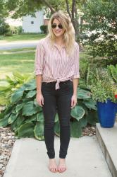 Faded Red Striped Button-up + Black Denim.