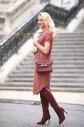 Shades of red: Outfit in Bordeaux, Koralle & Weinrot.