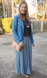 Maxi Skirts with Cobalt Leather Jacket And Ankle Boots