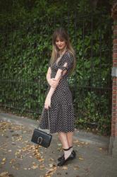 Outfit: polkadot dress, socks and loafers
